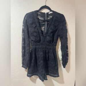 Slide Show Lacey Black Romper, Deep V Neckline